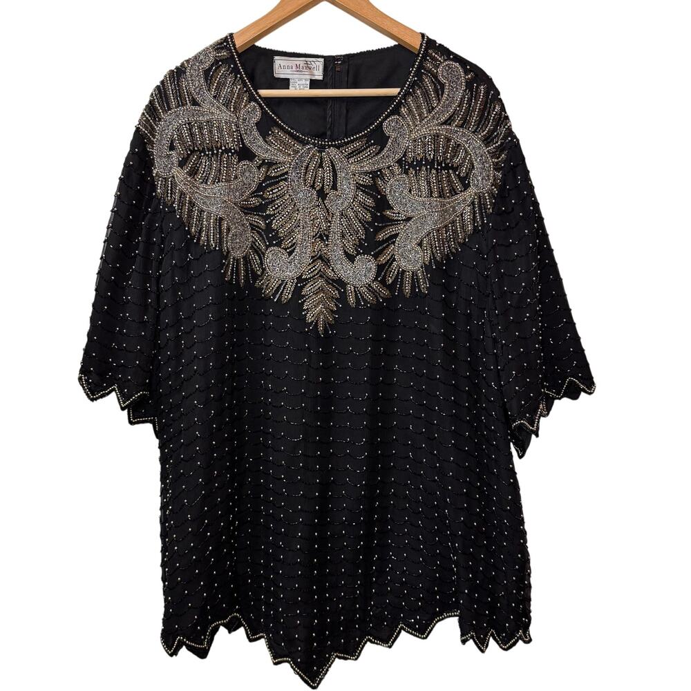 VINTAGE 100% Silk Beaded Blouse Womens 4X Embellished Avant Garde Glam Resort